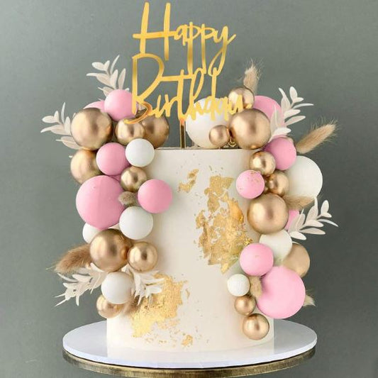 50 Pcs Pink, White and Gold Pearl Balls, Leaves Cake Topper Set