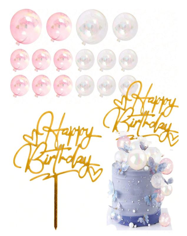 17Pcs-  Clear and Pink Transparent Balloons and Birthday Cake Topper Set