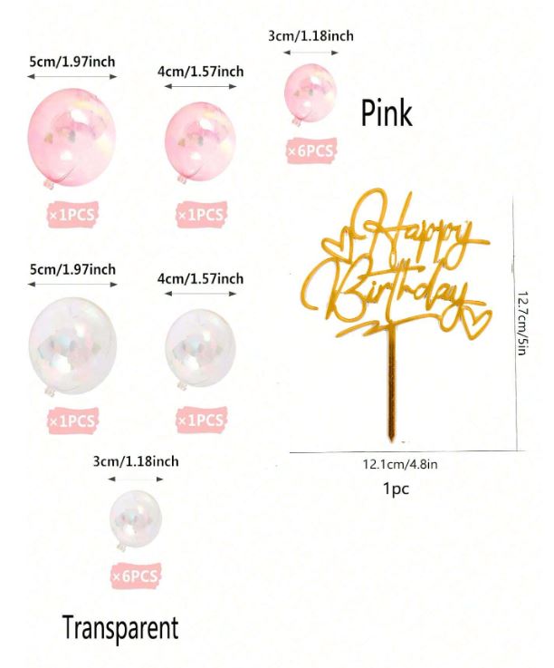 17Pcs-  Clear and Pink Transparent Balloons and Birthday Cake Topper Set